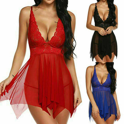 Womens Lace Sexy Lingerie Babydoll Nightdress Thong G-String Underwear Sleepwear