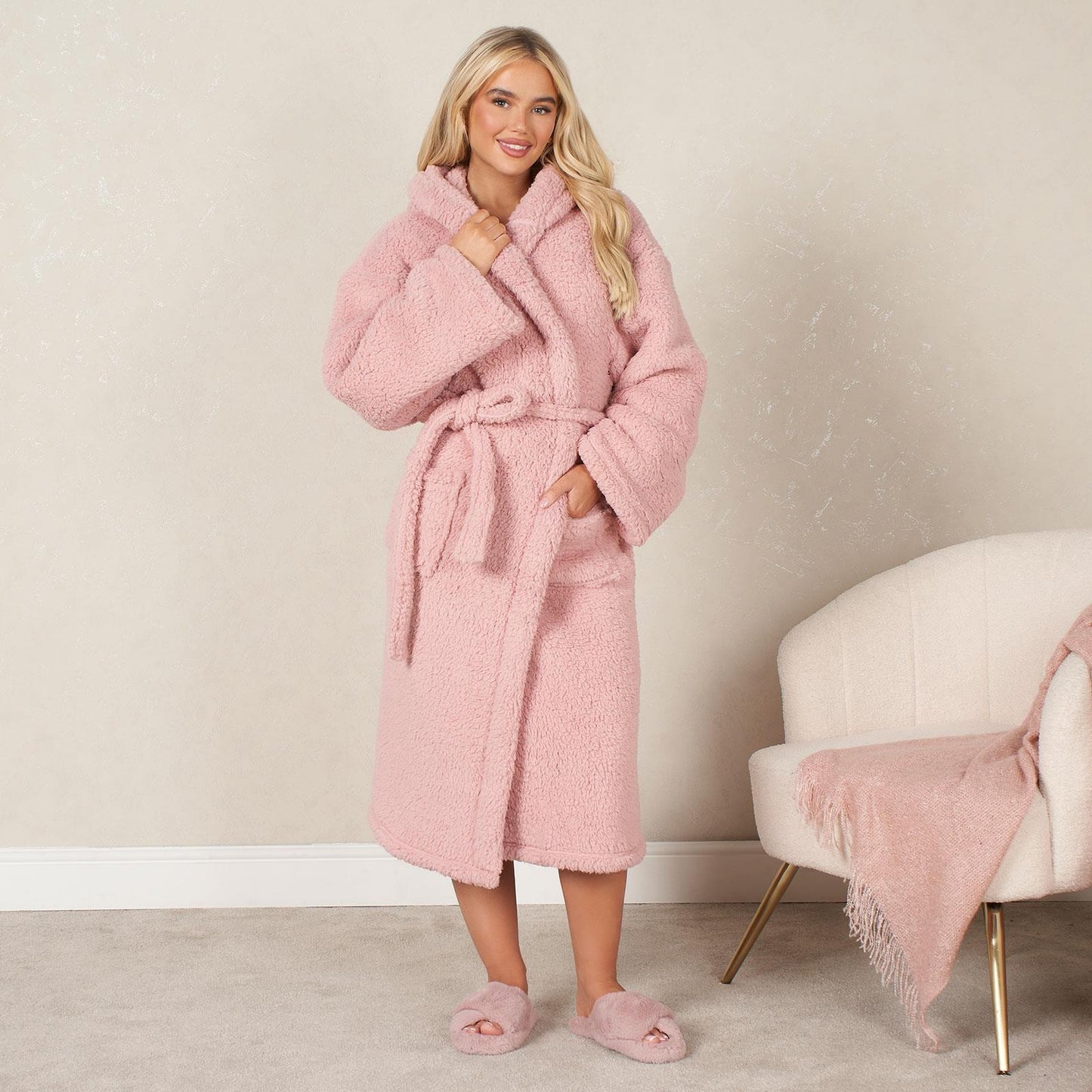 OHS Teddy Fleece Long Dressing Gown Ladies Warm House Coat Hooded Long Cosy Robe