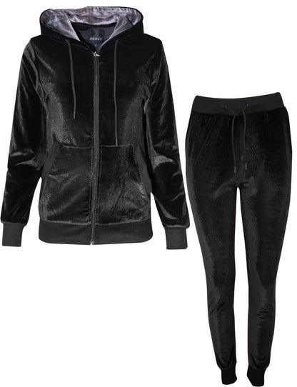 Womens Ladies Velour Velvet Hooded Top Long Sleeve Loungewear 2PCS Tracksuit Set