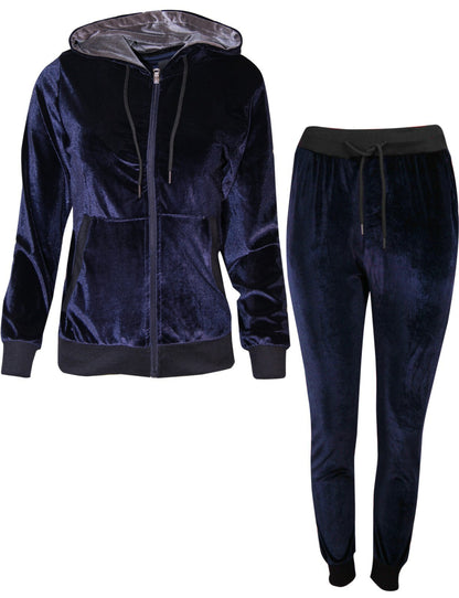 Womens Ladies Velour Velvet Hooded Top Long Sleeve Loungewear 2PCS Tracksuit Set