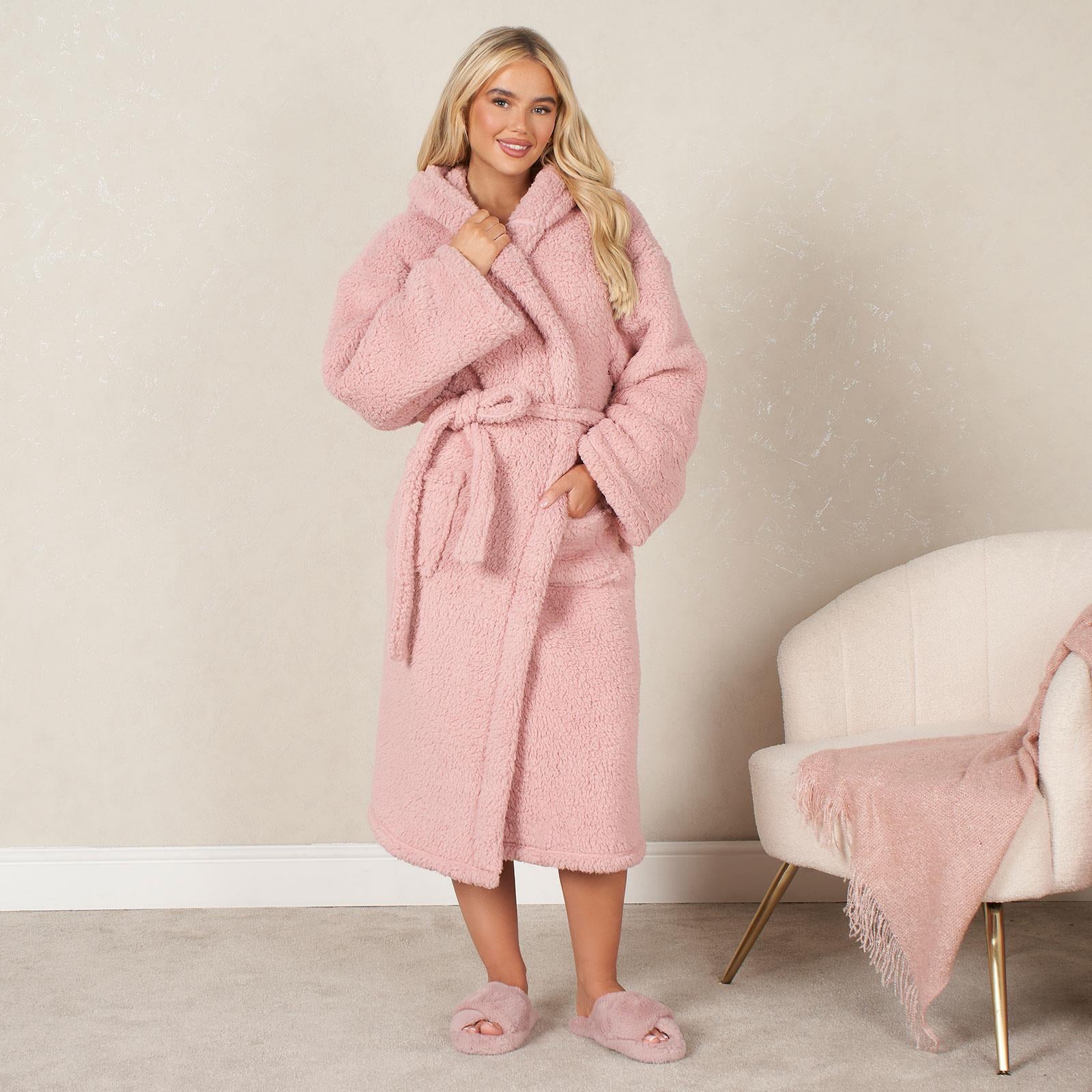 OHS Teddy Fleece Long Dressing Gown Ladies Warm House Coat Hooded Long Cosy Robe