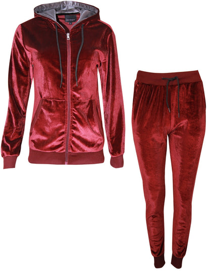 Womens Ladies Velour Velvet Hooded Top Long Sleeve Loungewear 2PCS Tracksuit Set